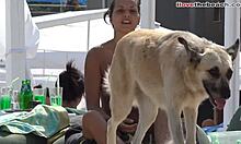Amatörtjej med små bröst leker med en hund på stranden